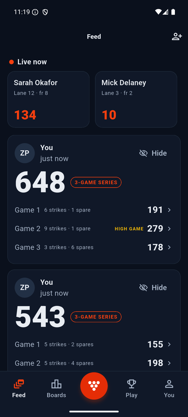The feed with a hero 300-game card wearing a VERIFIED chip