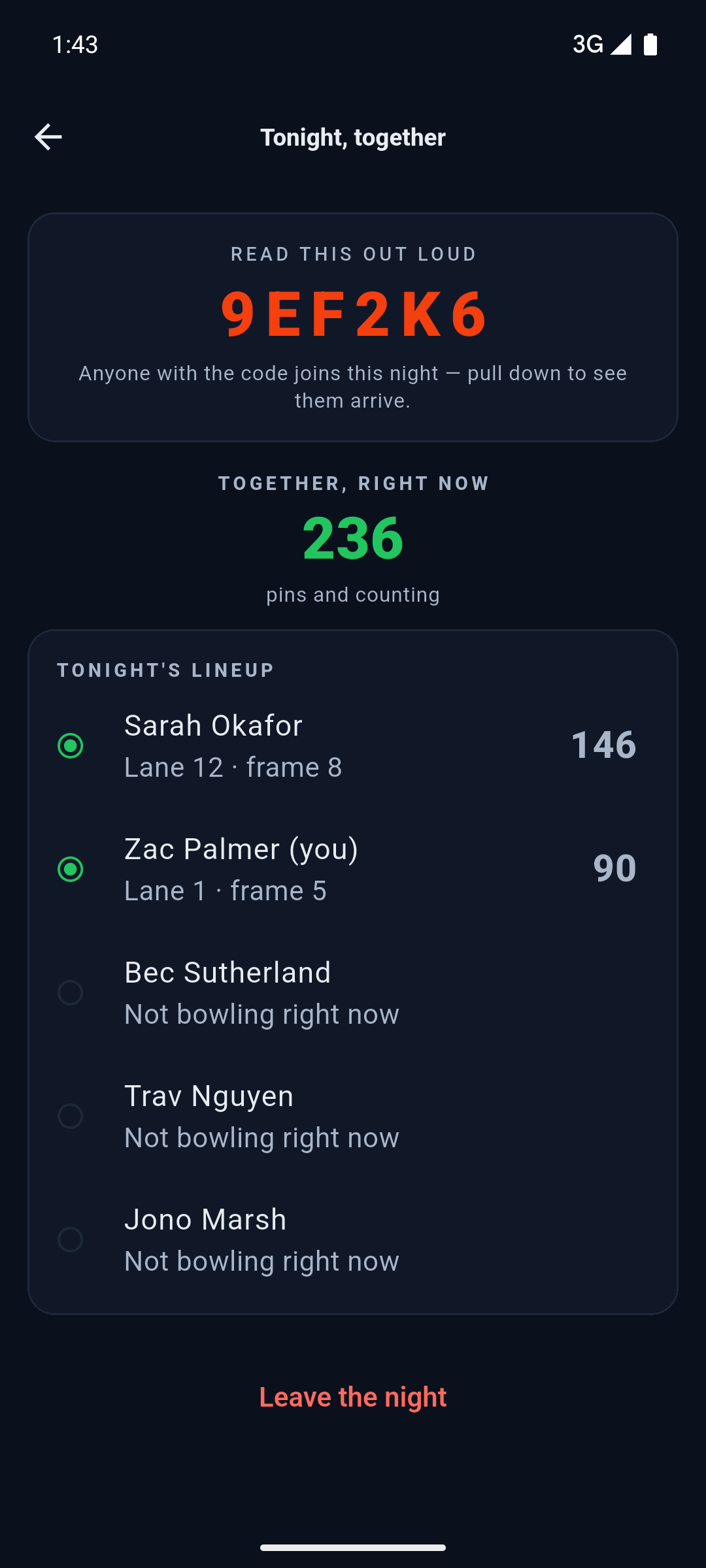 A night room: US and THEM member lists with one bowler live